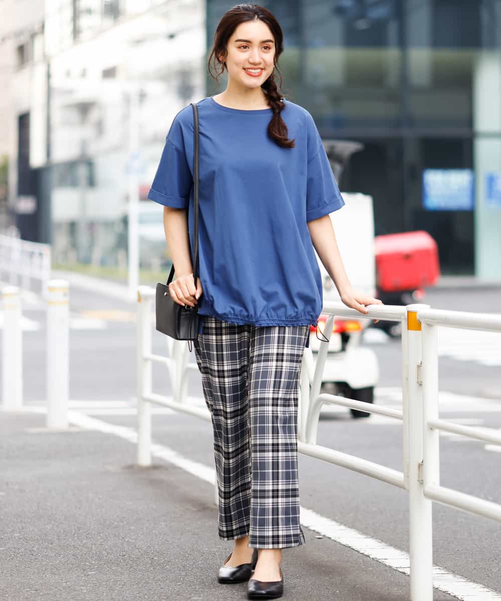 OLLEM15090 eur3(エウルキューブ) 【大きいサイズ】ゆるストレートチェック柄パンツ ダークグレー