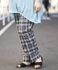 OLLEM15090 eur3(エウルキューブ) 【大きいサイズ】ゆるストレートチェック柄パンツ ダークグレー