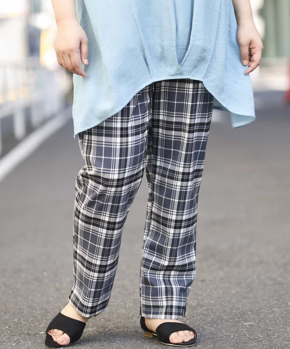 OLLEM15090 eur3(エウルキューブ) 【大きいサイズ】ゆるストレートチェック柄パンツ ダークグレー