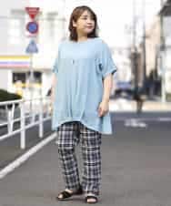 OLLEM15090 eur3(エウルキューブ) 【大きいサイズ】ゆるストレートチェック柄パンツ ダークグレー