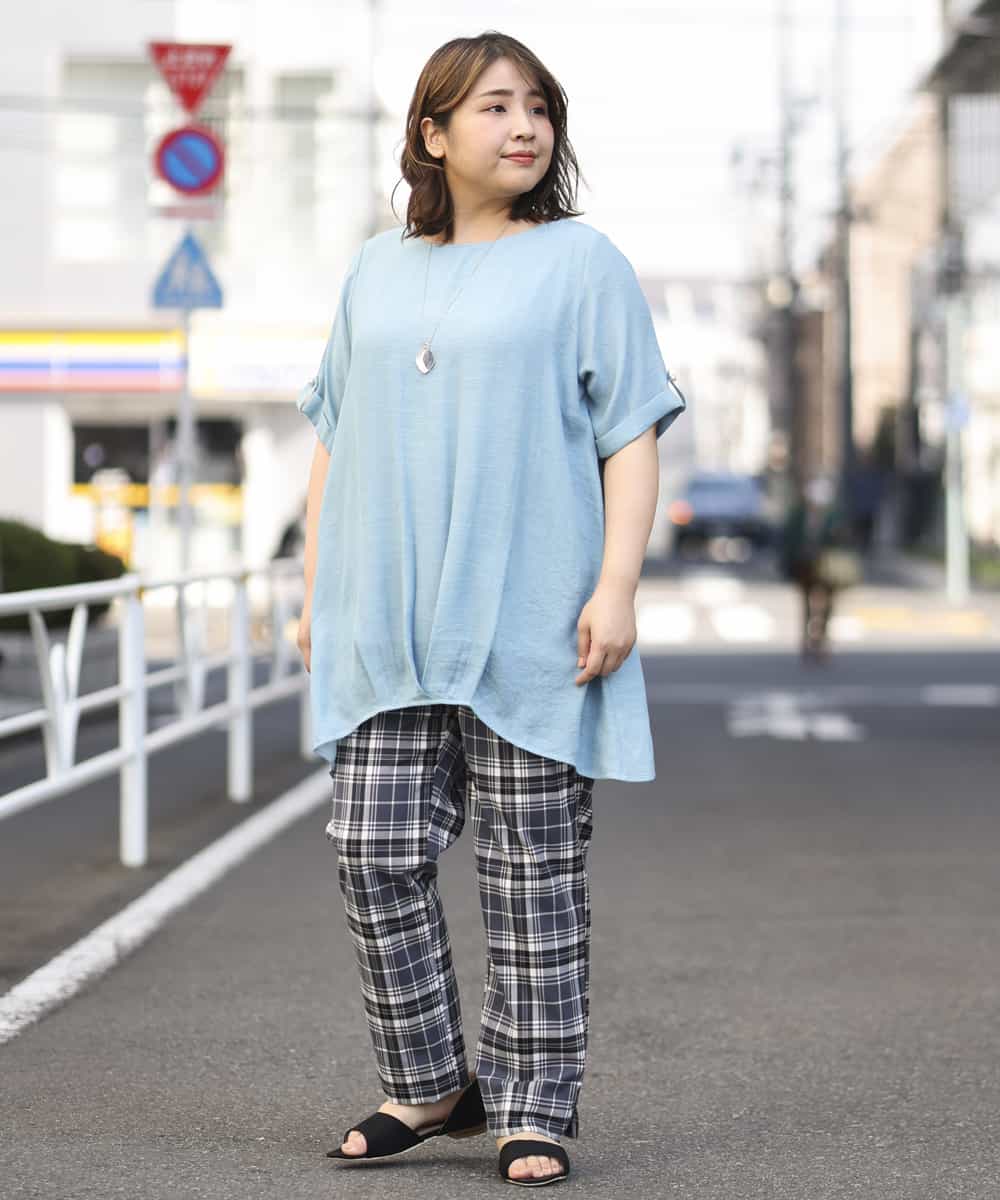 OLLEM15090 eur3(エウルキューブ) 【大きいサイズ】ゆるストレートチェック柄パンツ ダークグレー