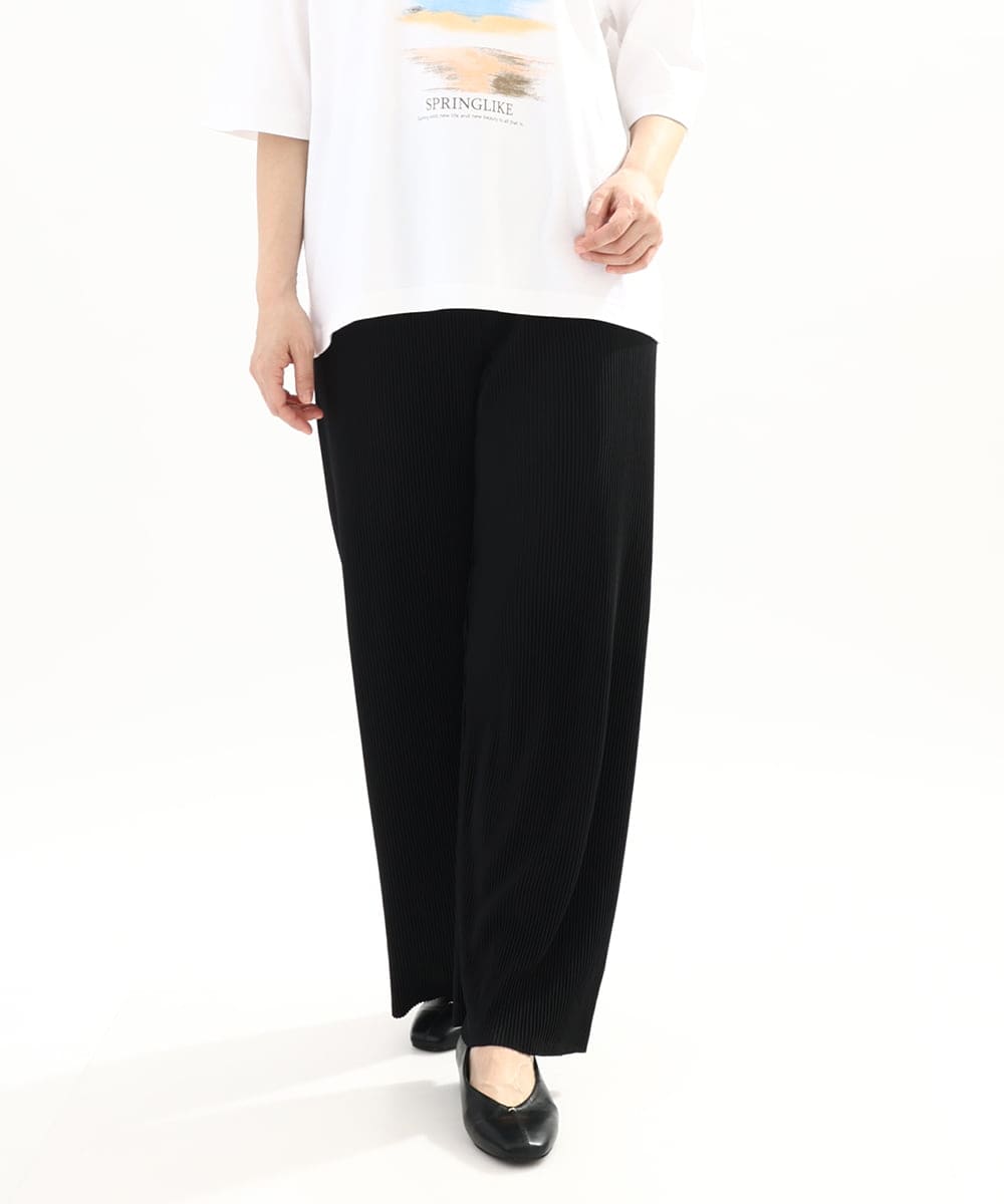OLLFA03089 eur3(エウルキューブ) 【大きいサイズ/セルフカット可】ジャージープリーツパンツ ブラック(94)