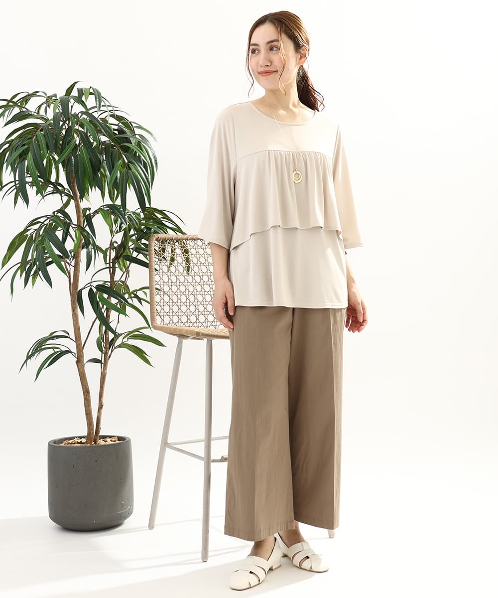OLLFA28119 eur3(エウルキューブ) 【大きいサイズ】センタープレスワイドパンツ モカ(84)