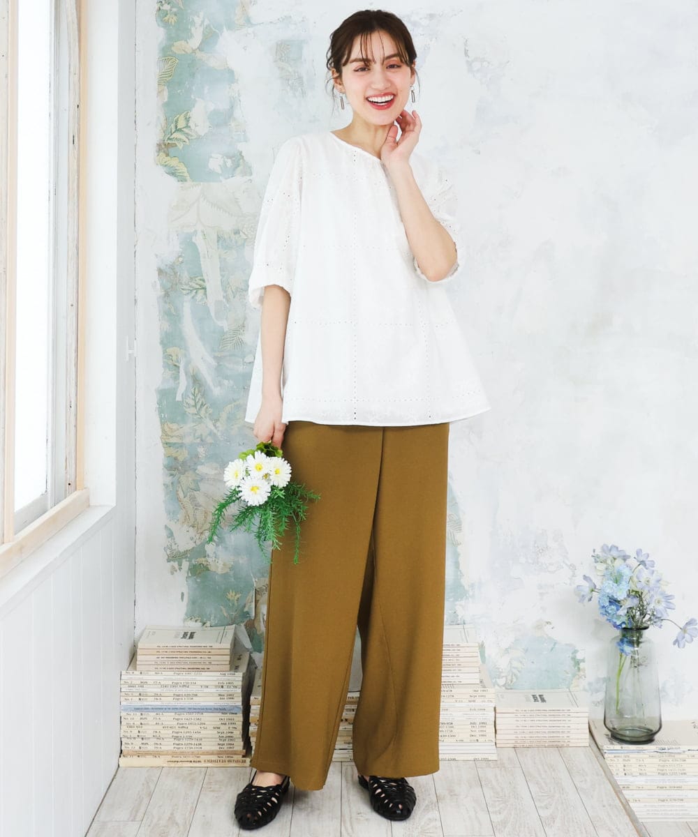 OLLFD18099 eur3(エウルキューブ) 【WEB先行販売】【大きいサイズ】ストレッチワイドイージーパンツ キャメル