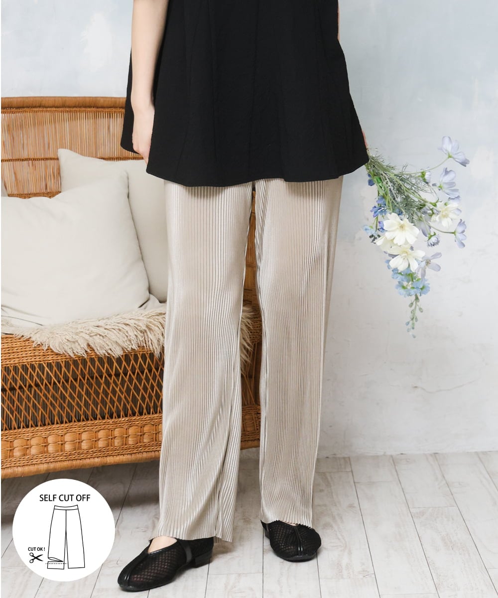 OLLFD19099 eur3(エウルキューブ) 【大きいサイズ/セルフカット可】プリーツパンツ グレージュ