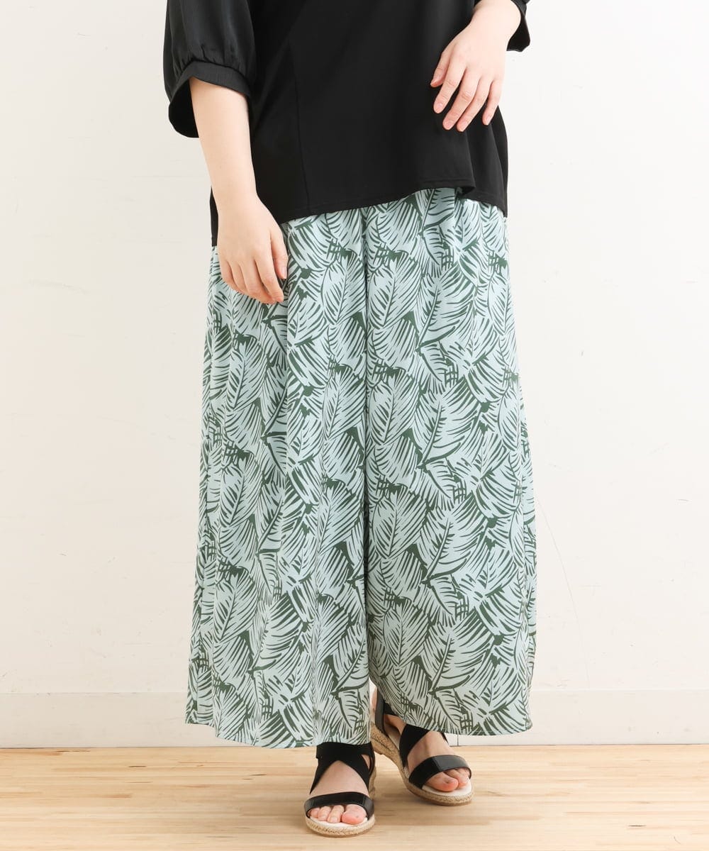 OLLFS19110 eur3(エウルキューブ) 【大きいサイズ】リーフプリントワイドパンツ ライトグリーン(30)