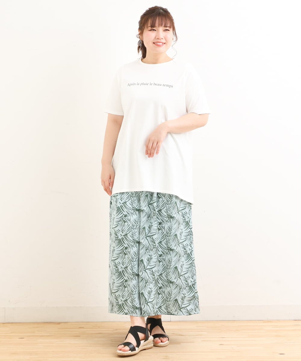 OLLFS19110 eur3(エウルキューブ) 【大きいサイズ】リーフプリントワイドパンツ ライトグリーン(30)