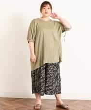 OLLGJ34079 eur3(エウルキューブ) 【大きいサイズ/接触冷感】風通り抜群！ストレッチワイドパンツ ベージュ(82)（花柄）
