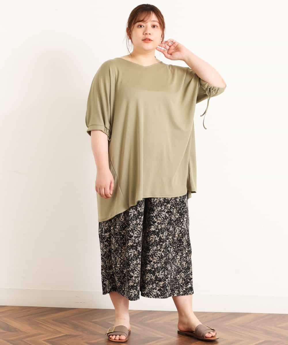 OLLGJ34079 eur3(エウルキューブ) 【大きいサイズ/接触冷感】風通り抜群！ストレッチワイドパンツ ベージュ(82)（花柄）