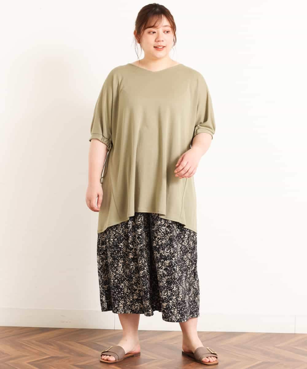 OLLGJ34079 eur3(エウルキューブ) 【大きいサイズ/接触冷感】風通り抜群！ストレッチワイドパンツ ベージュ(82)（花柄）