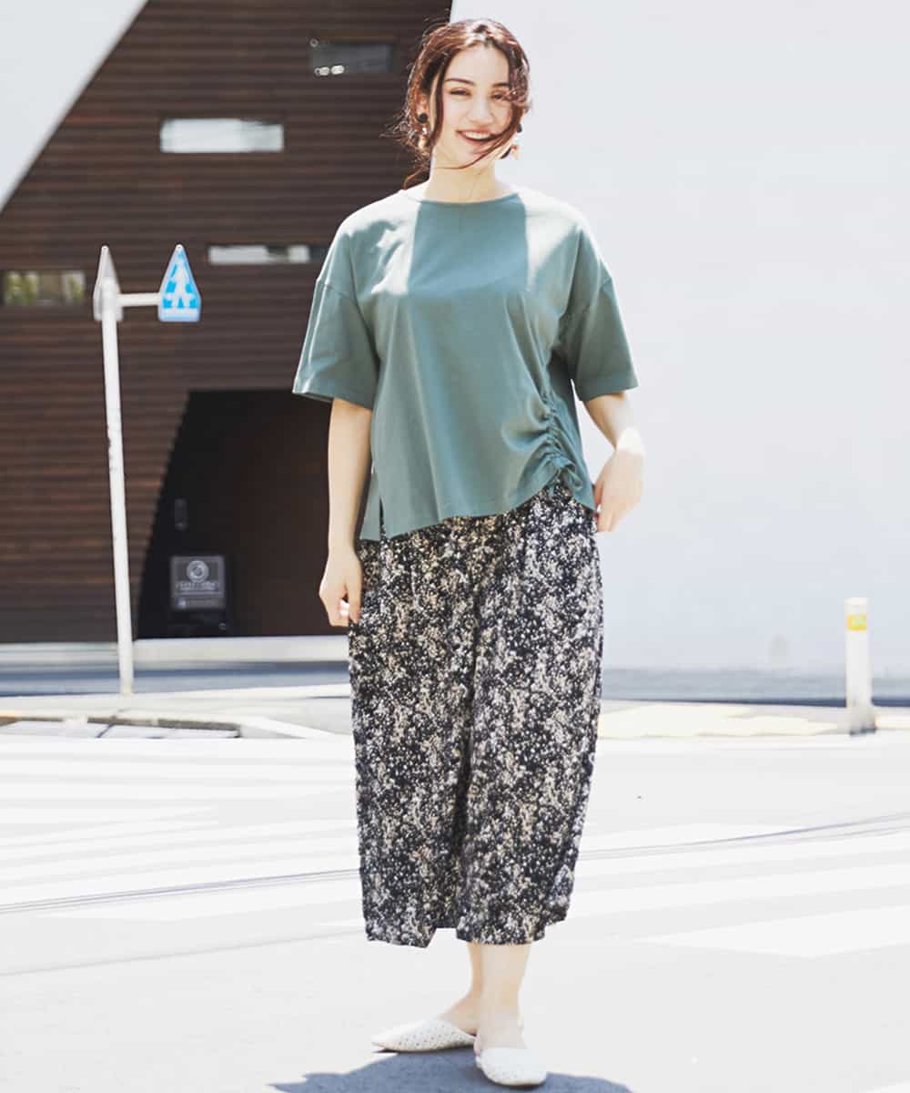 OLLGJ34079 eur3(エウルキューブ) 【大きいサイズ/接触冷感】風通り抜群！ストレッチワイドパンツ ベージュ(82)（花柄）
