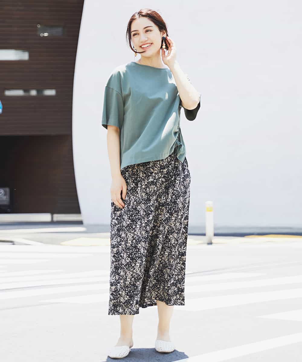 OLLGJ34079 eur3(エウルキューブ) 【大きいサイズ/接触冷感】風通り抜群！ストレッチワイドパンツ ベージュ(82)（花柄）