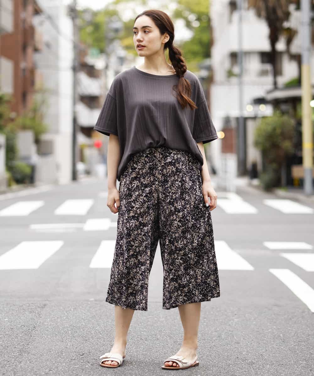 OLLGJ34079 eur3(エウルキューブ) 【大きいサイズ/接触冷感】風通り抜群！ストレッチワイドパンツ ベージュ(82)（花柄）