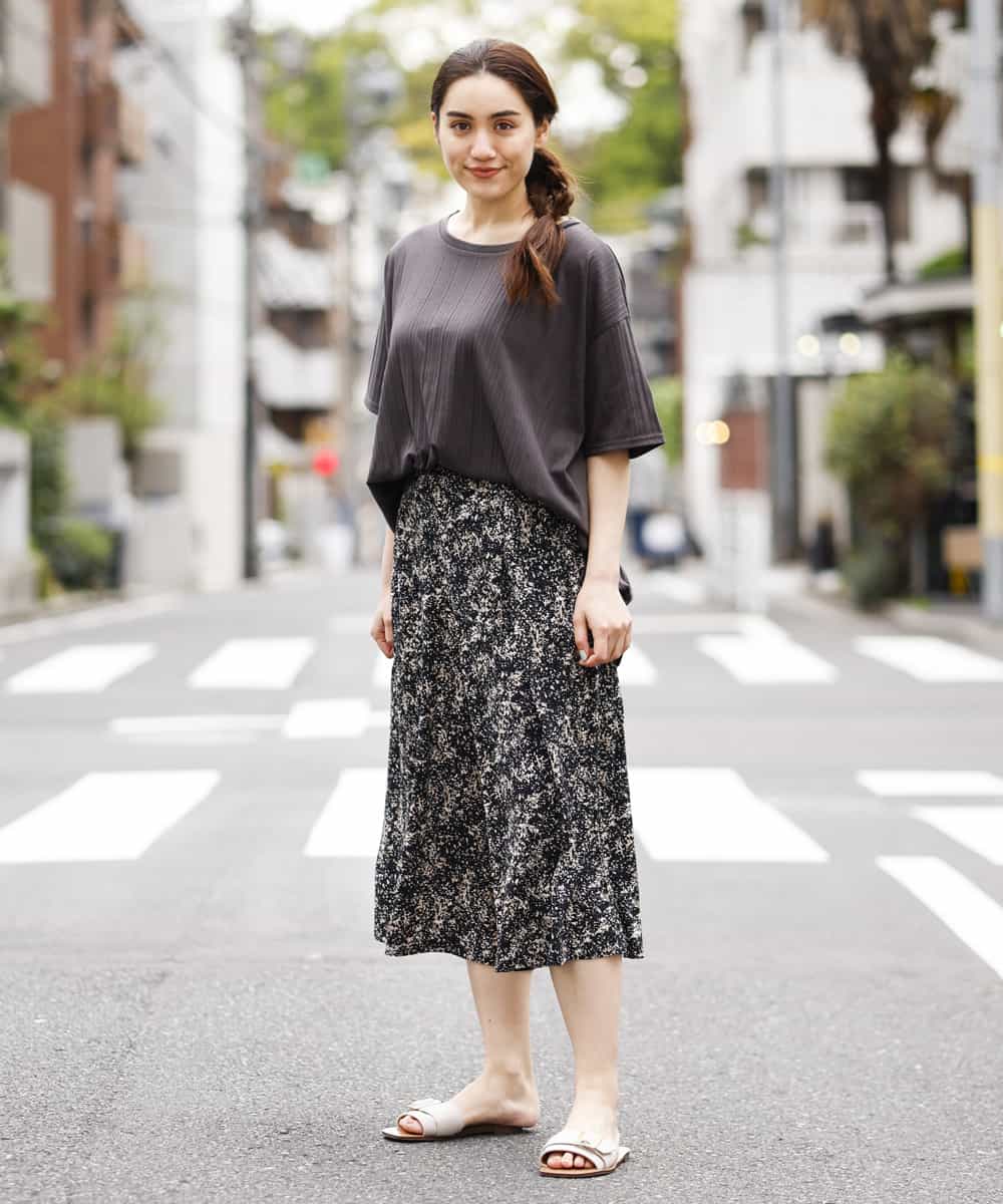 OLLGJ34079 eur3(エウルキューブ) 【大きいサイズ/接触冷感】風通り抜群！ストレッチワイドパンツ ベージュ(82)（花柄）