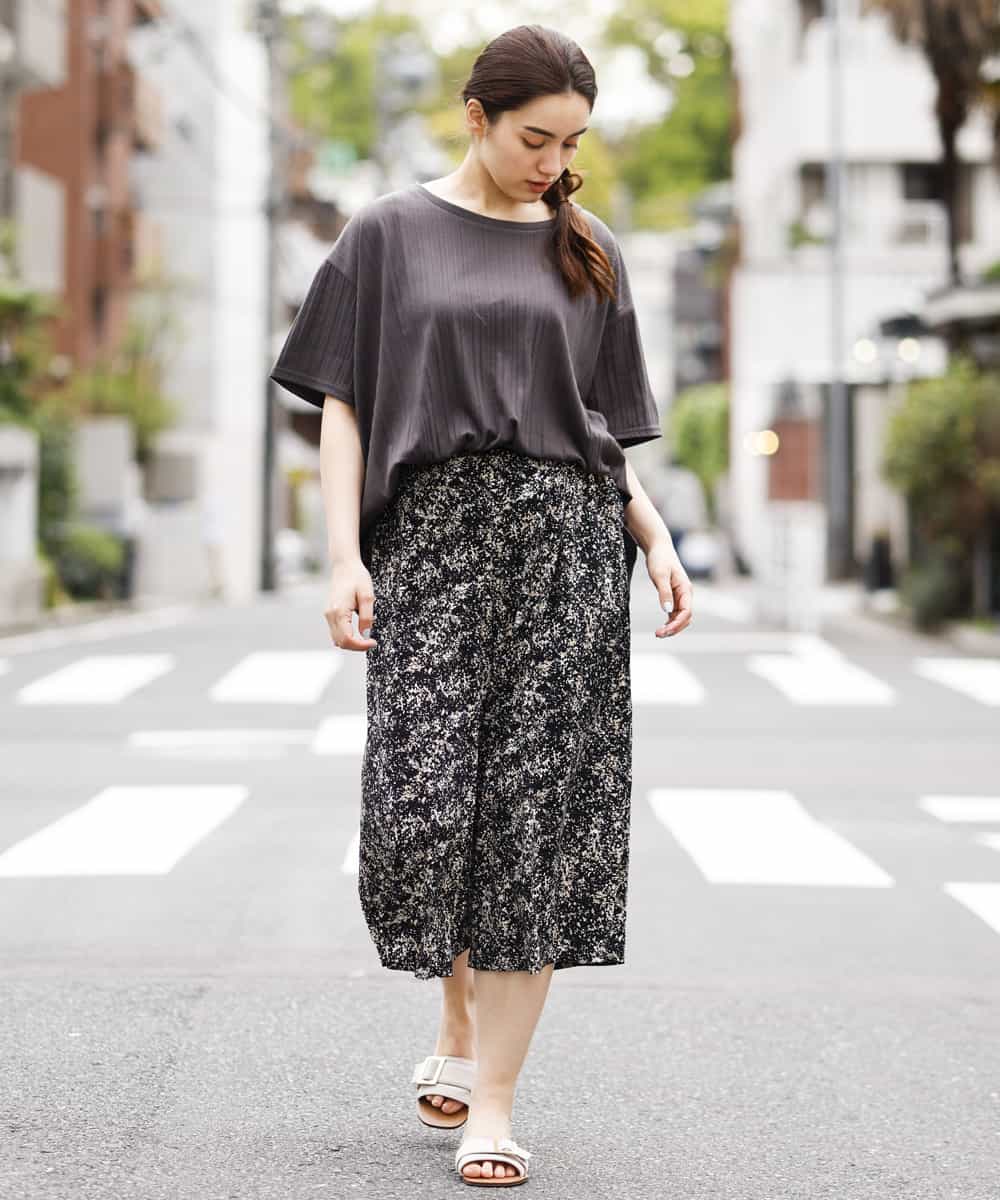 OLLGJ34079 eur3(エウルキューブ) 【大きいサイズ/接触冷感】風通り抜群！ストレッチワイドパンツ ベージュ(82)（花柄）