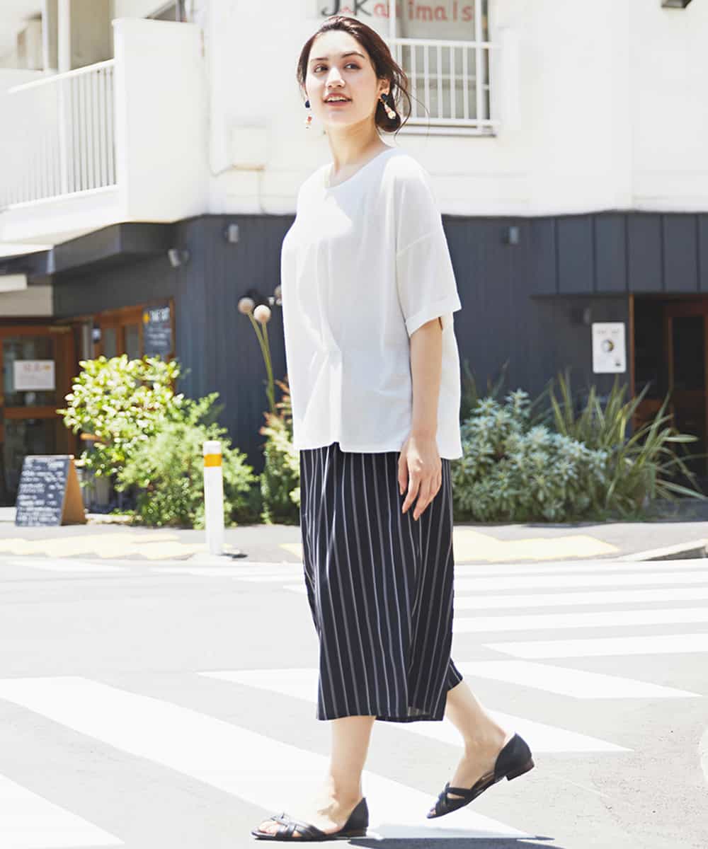 OLLGJ34079 eur3(エウルキューブ) 【大きいサイズ/接触冷感】風通り抜群！ストレッチワイドパンツ ダークグレー(93)（ストライプ）
