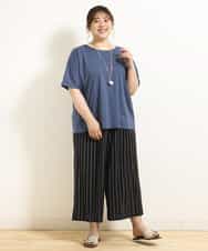 OLLGJ34079 eur3(エウルキューブ) 【大きいサイズ/接触冷感】風通り抜群！ストレッチワイドパンツ ダークグレー(93)（ストライプ）