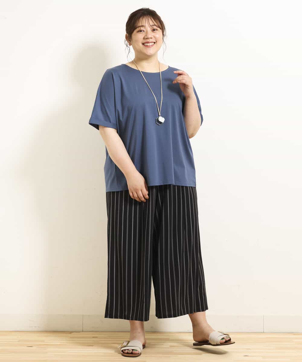 OLLGJ34079 eur3(エウルキューブ) 【大きいサイズ/接触冷感】風通り抜群！ストレッチワイドパンツ ダークグレー(93)（ストライプ）