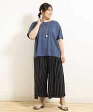 OLLGJ34079 eur3(エウルキューブ) 【大きいサイズ/接触冷感】風通り抜群！ストレッチワイドパンツ ダークグレー(93)（ストライプ）