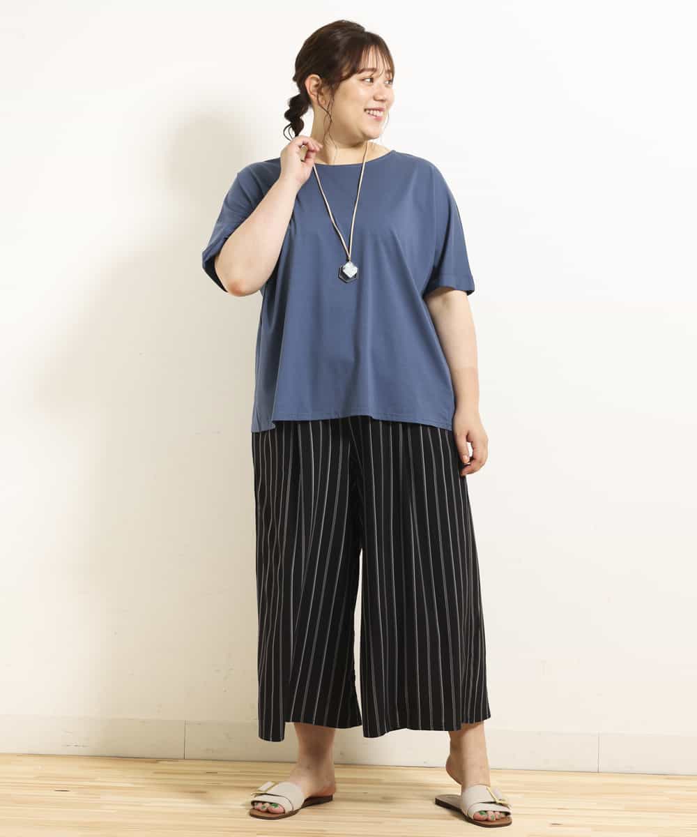 OLLGJ34079 eur3(エウルキューブ) 【大きいサイズ/接触冷感】風通り抜群！ストレッチワイドパンツ ダークグレー(93)（ストライプ）