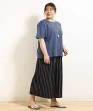 OLLGJ34079 eur3(エウルキューブ) 【大きいサイズ/接触冷感】風通り抜群！ストレッチワイドパンツ ダークグレー(93)（ストライプ）