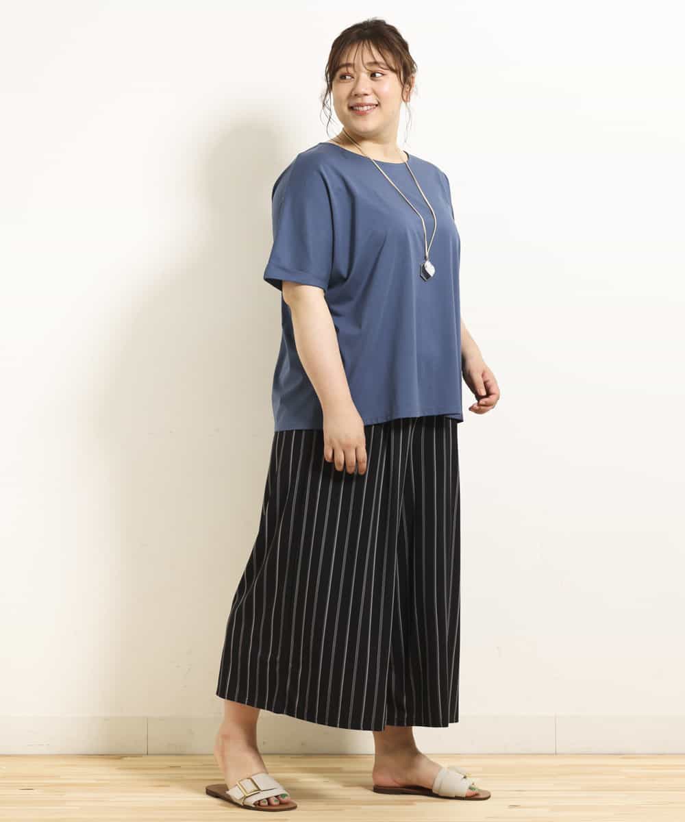 OLLGJ34079 eur3(エウルキューブ) 【大きいサイズ/接触冷感】風通り抜群！ストレッチワイドパンツ ダークグレー(93)（ストライプ）