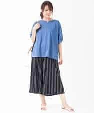 OLLGJ34079 eur3(エウルキューブ) 【大きいサイズ/接触冷感】風通り抜群！ストレッチワイドパンツ ダークグレー(93)（ストライプ）