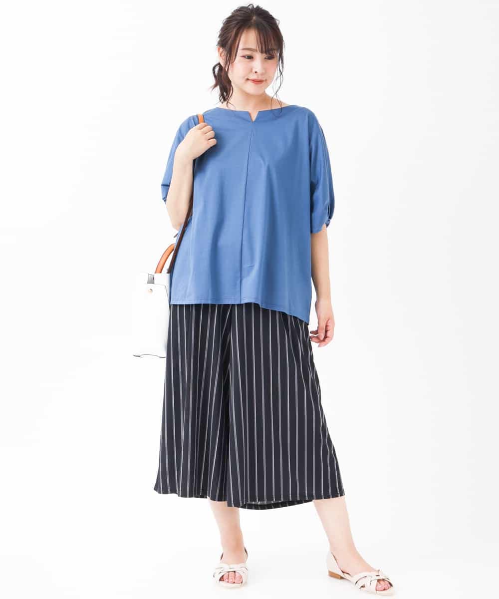 OLLGJ34079 eur3(エウルキューブ) 【大きいサイズ/接触冷感】風通り抜群！ストレッチワイドパンツ ダークグレー(93)（ストライプ）