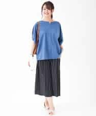 OLLGJ34079 eur3(エウルキューブ) 【大きいサイズ/接触冷感】風通り抜群！ストレッチワイドパンツ ダークグレー(93)（ストライプ）