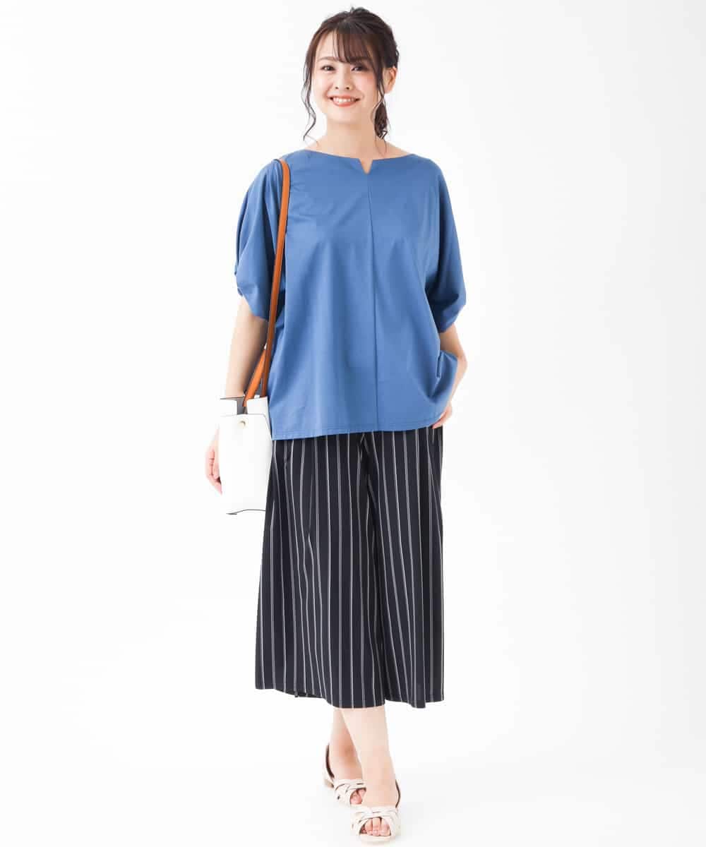 OLLGJ34079 eur3(エウルキューブ) 【大きいサイズ/接触冷感】風通り抜群！ストレッチワイドパンツ ダークグレー(93)（ストライプ）