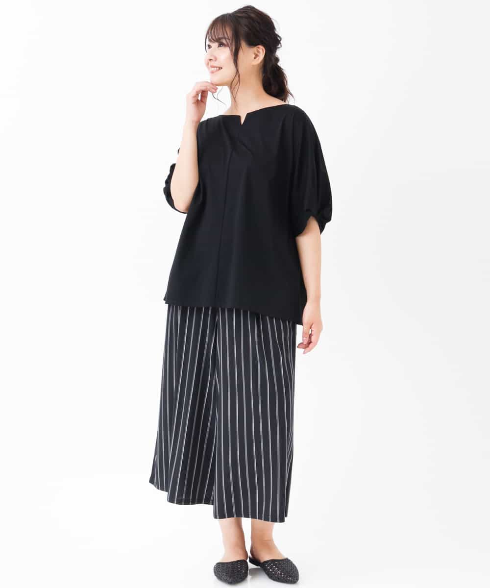 OLLGJ34079 eur3(エウルキューブ) 【大きいサイズ/接触冷感】風通り抜群！ストレッチワイドパンツ ダークグレー(93)（ストライプ）