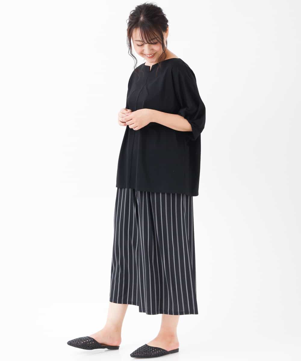 OLLGJ34079 eur3(エウルキューブ) 【大きいサイズ/接触冷感】風通り抜群！ストレッチワイドパンツ ダークグレー(93)（ストライプ）