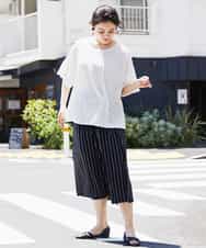 OLLGJ34079 eur3(エウルキューブ) 【大きいサイズ/接触冷感】風通り抜群！ストレッチワイドパンツ ダークグレー(93)（ストライプ）