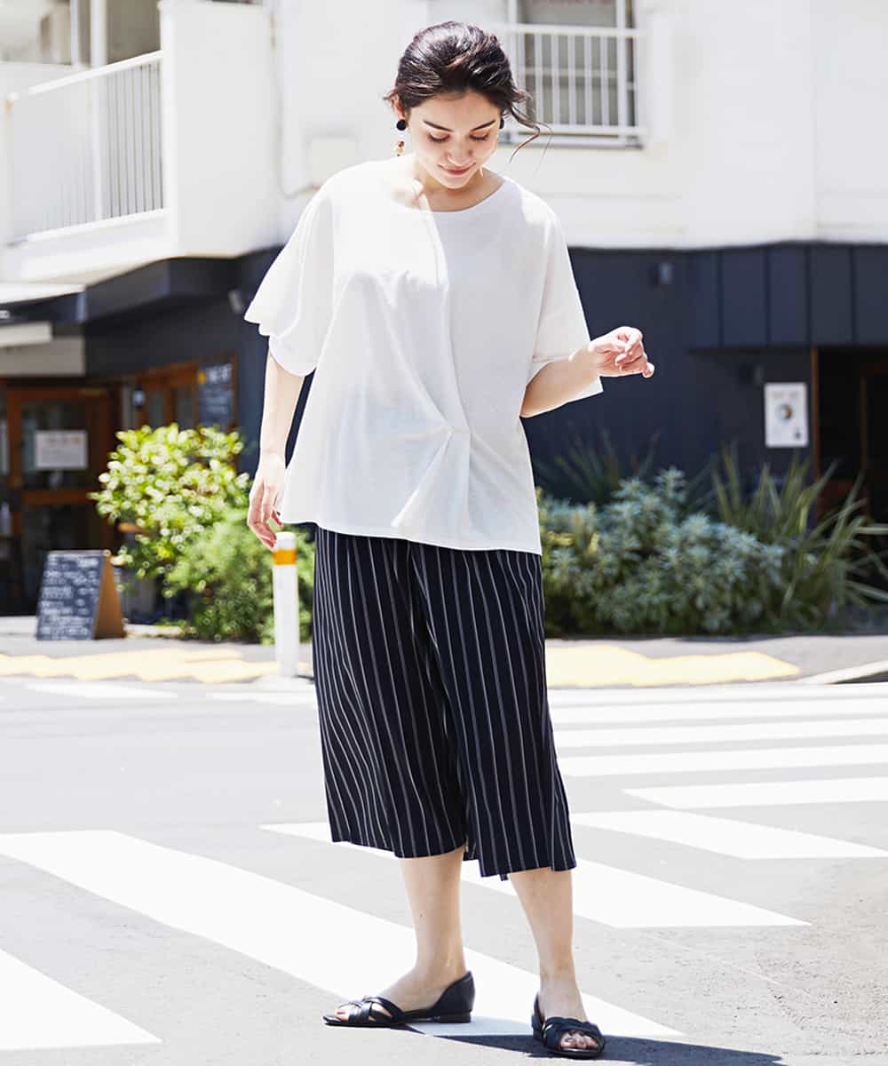 OLLGJ34079 eur3(エウルキューブ) 【大きいサイズ/接触冷感】風通り抜群！ストレッチワイドパンツ ダークグレー(93)（ストライプ）