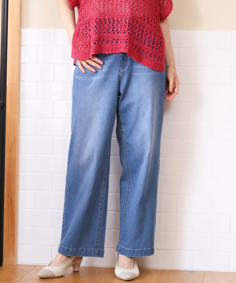 OLLHD31109 eur3(エウルキューブ) 【大きいサイズ/接触冷感】ストレートワイドデニムパンツ ライトブルー