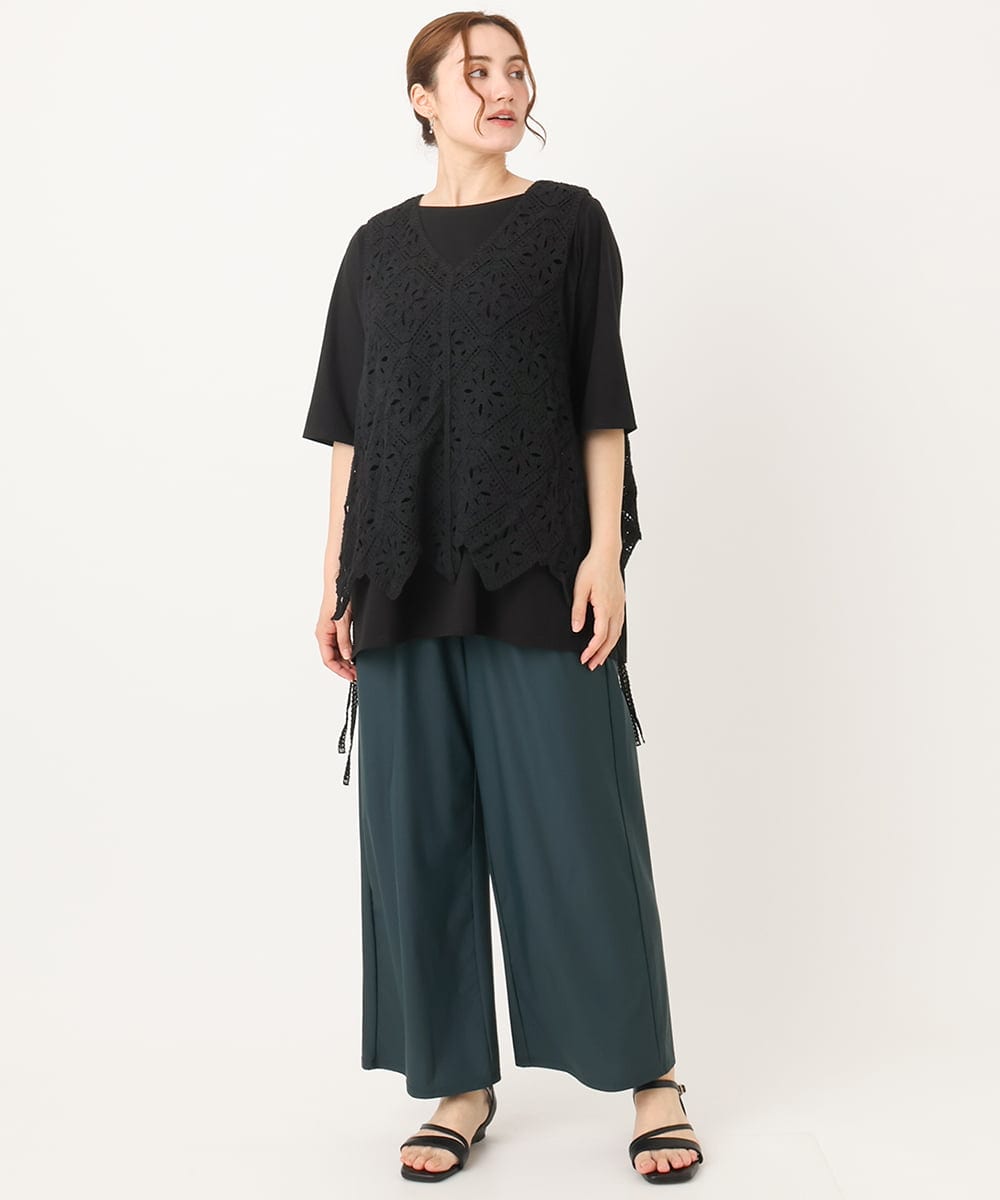 OLLIA38099 eur3(エウルキューブ) 【大きいサイズ/接触冷感】ナイロンストレッチワイドパンツ グリーン(35)