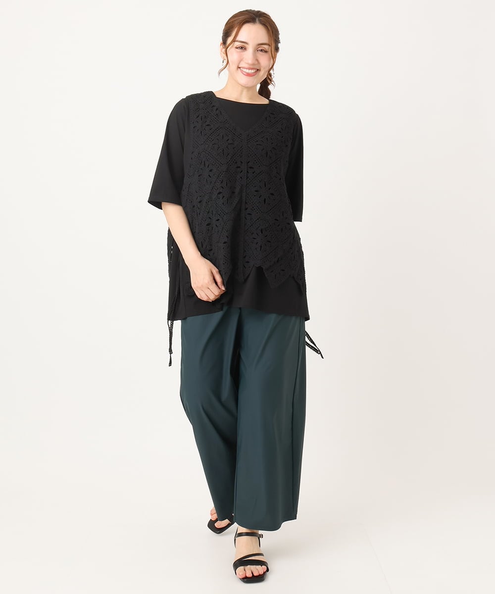 OLLIA38099 eur3(エウルキューブ) 【大きいサイズ/接触冷感】ナイロンストレッチワイドパンツ グリーン(35)