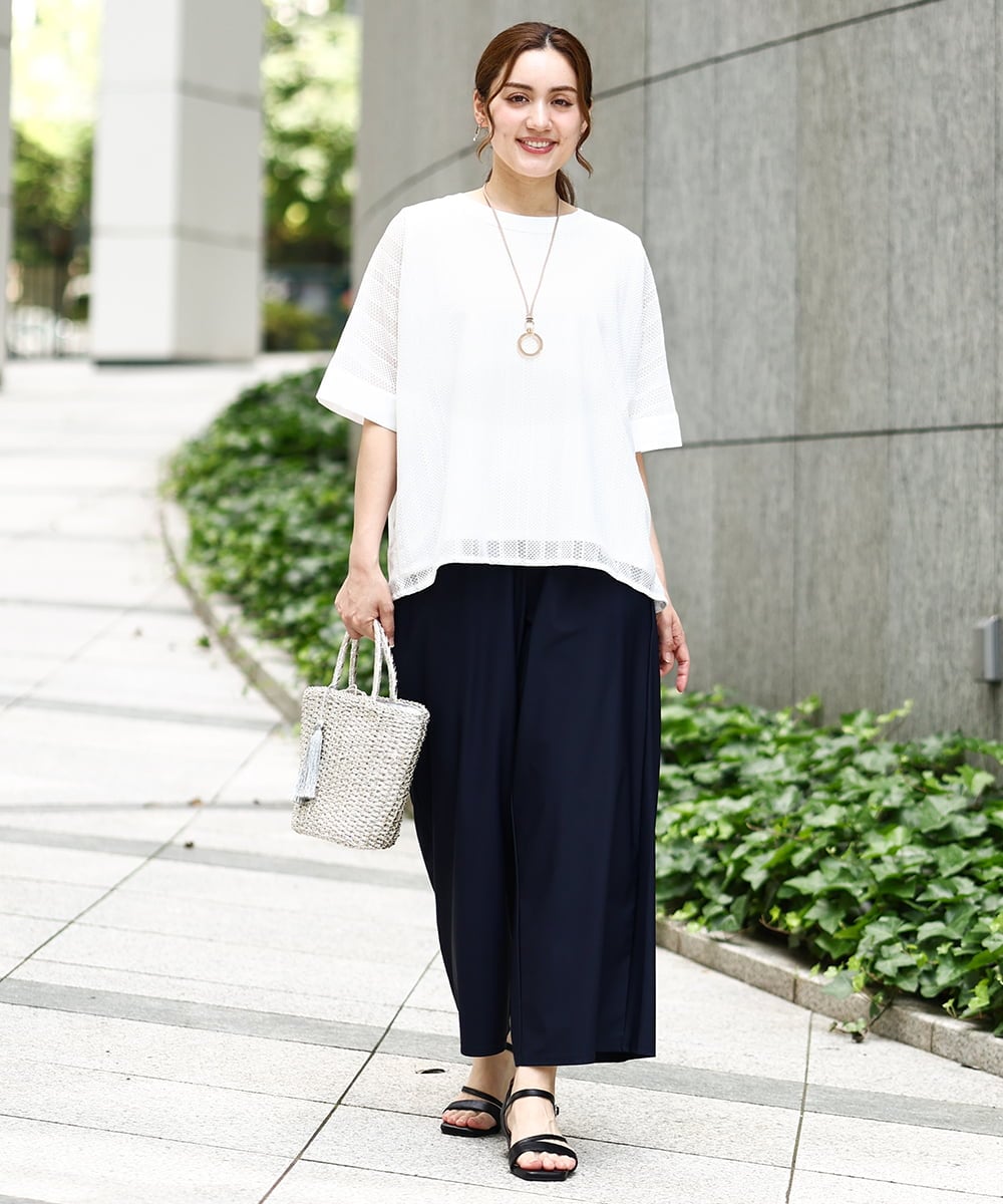 OLLIA38099 eur3(エウルキューブ) 【大きいサイズ/接触冷感】ナイロンストレッチワイドパンツ ネイビー(57)