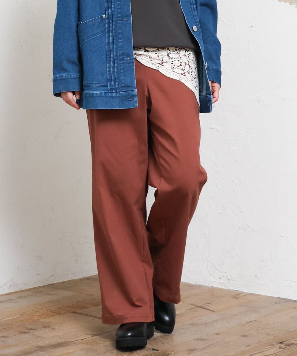 OLLKD03099 eur3(エウルキューブ) 【大きいサイズ】ワイドストレートストレッチパンツ ブラウン