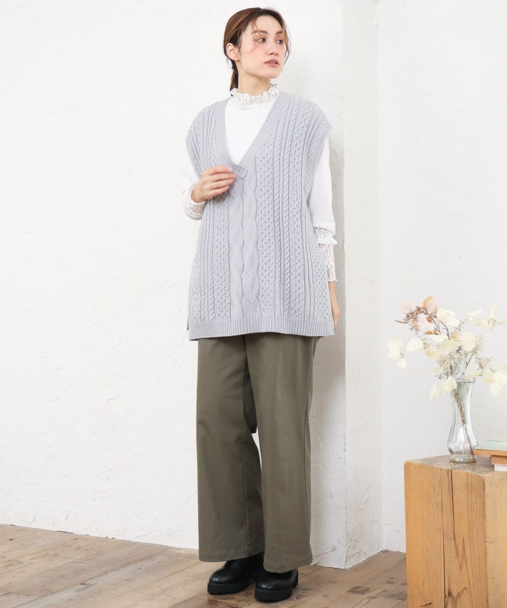 OLLKD03099 eur3(エウルキューブ) 【大きいサイズ】ワイドストレートストレッチパンツ カーキ