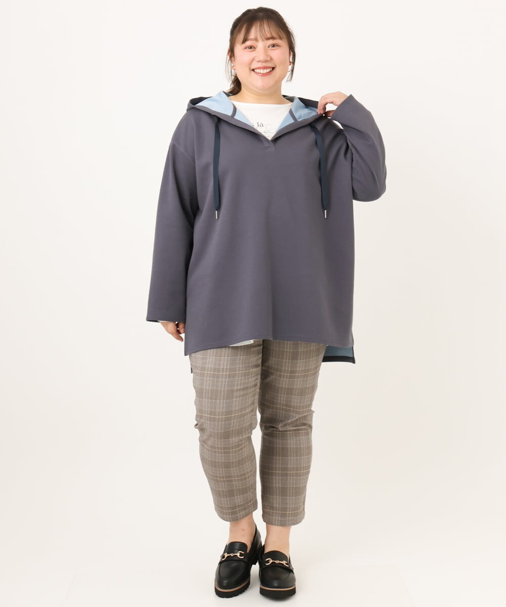 OLLKD08089 eur3(エウルキューブ) 【WEB先行販売】【シリーズ累計販売2万枚！/大きいサイズ】さらさらストレッチカットレングステーパードパンツ ダークブラウン(チェック)