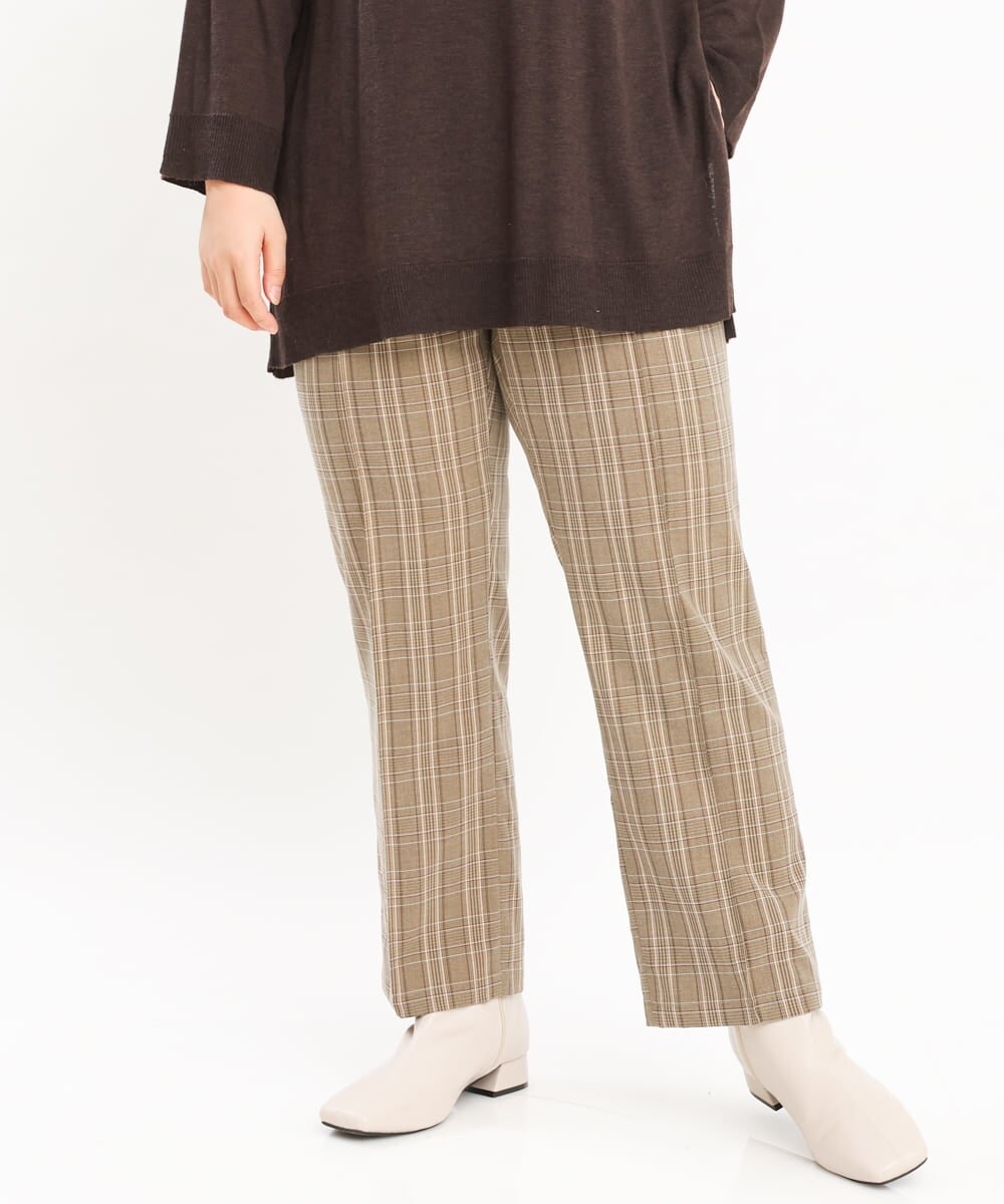 OLLKS14119 eur3(エウルキューブ) 【大きいサイズ】センタープレスチェック柄パンツ ブラウン(87)