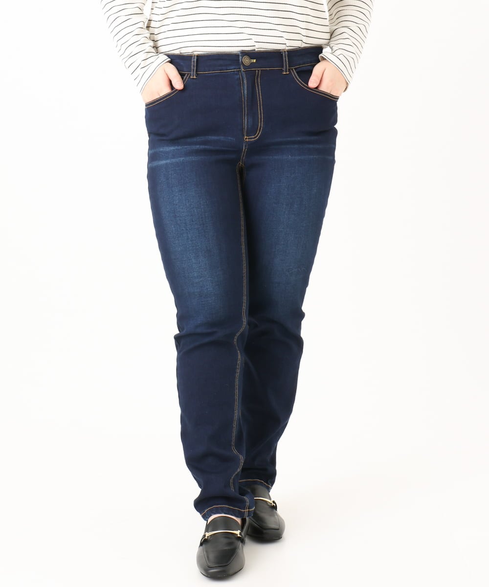 OLLLA21089 eur3(エウルキューブ) 【大きいサイズ】ゆるフィットスキニー裏起毛デニムパンツ ネイビー(57)