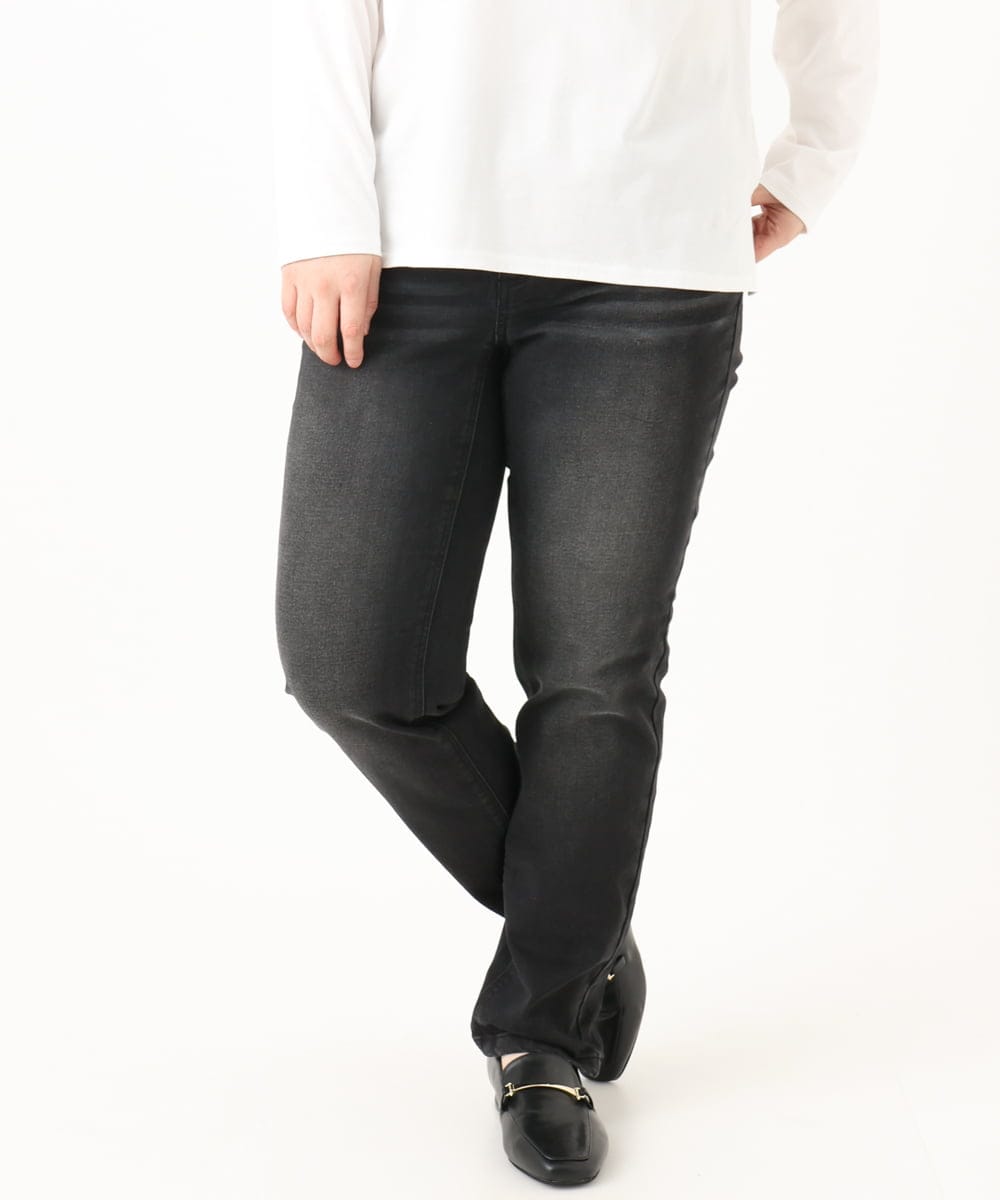 OLLLA21089 eur3(エウルキューブ) 【大きいサイズ】ゆるフィットスキニー裏起毛デニムパンツ ブラック(94)
