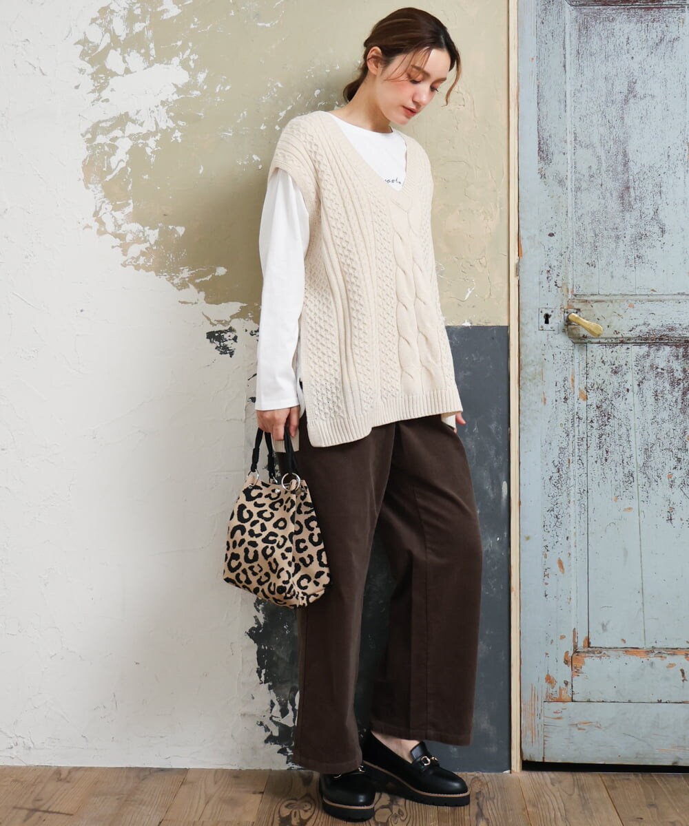 OLLLD02109 eur3(エウルキューブ) 【大きいサイズ】コーデュロイワイドストレートパンツ カーキ