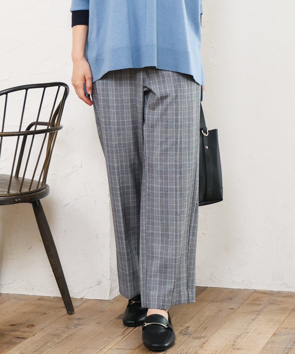 OLLLD19099 eur3(エウルキューブ) 【大きいサイズ/ 裏起毛】センタープレスチェック柄ストレートパンツ グレー
