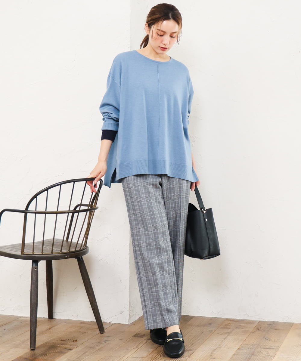 OLLLD19099 eur3(エウルキューブ) 【大きいサイズ/ 裏起毛】センタープレスチェック柄ストレートパンツ グレー