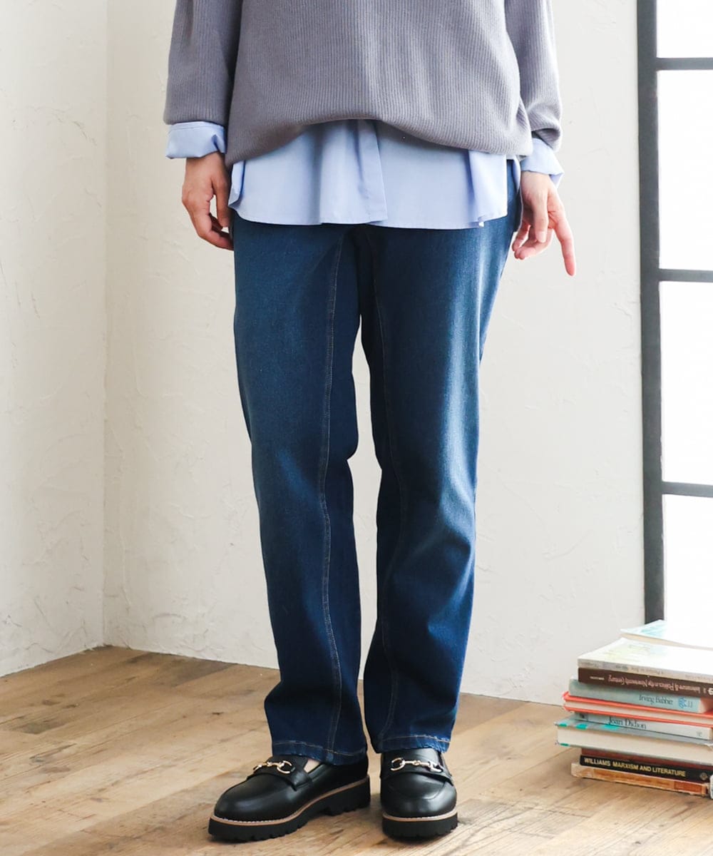 OLLLD21099 eur3(エウルキューブ) 【WEB先行販売】【大きいサイズ/裏起毛】ゆるフィットデニム ネイビー