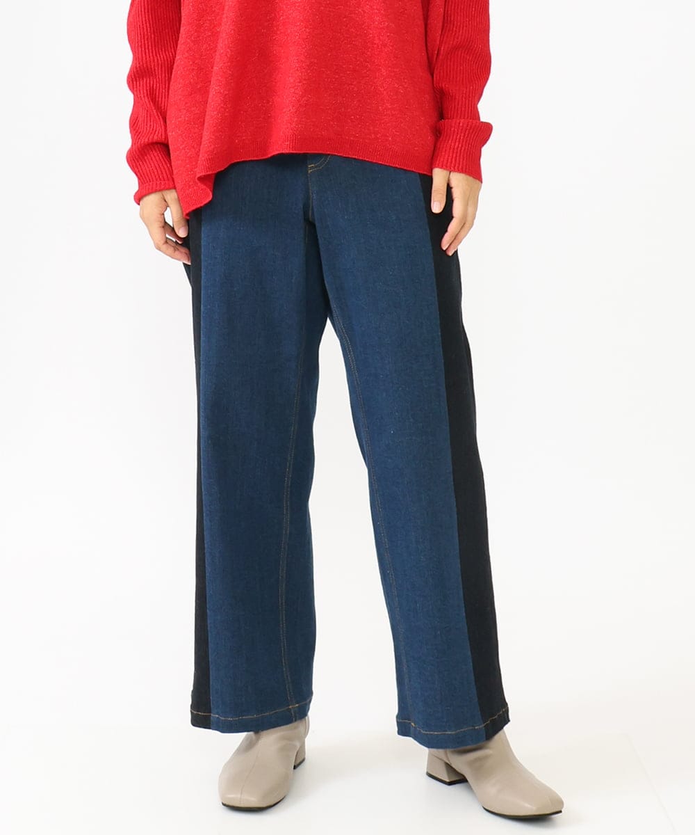 OLLLV07099 eur3(エウルキューブ) 【雑誌掲載】【大きいサイズ】ブロッキングデニムパンツ ブルー(55)