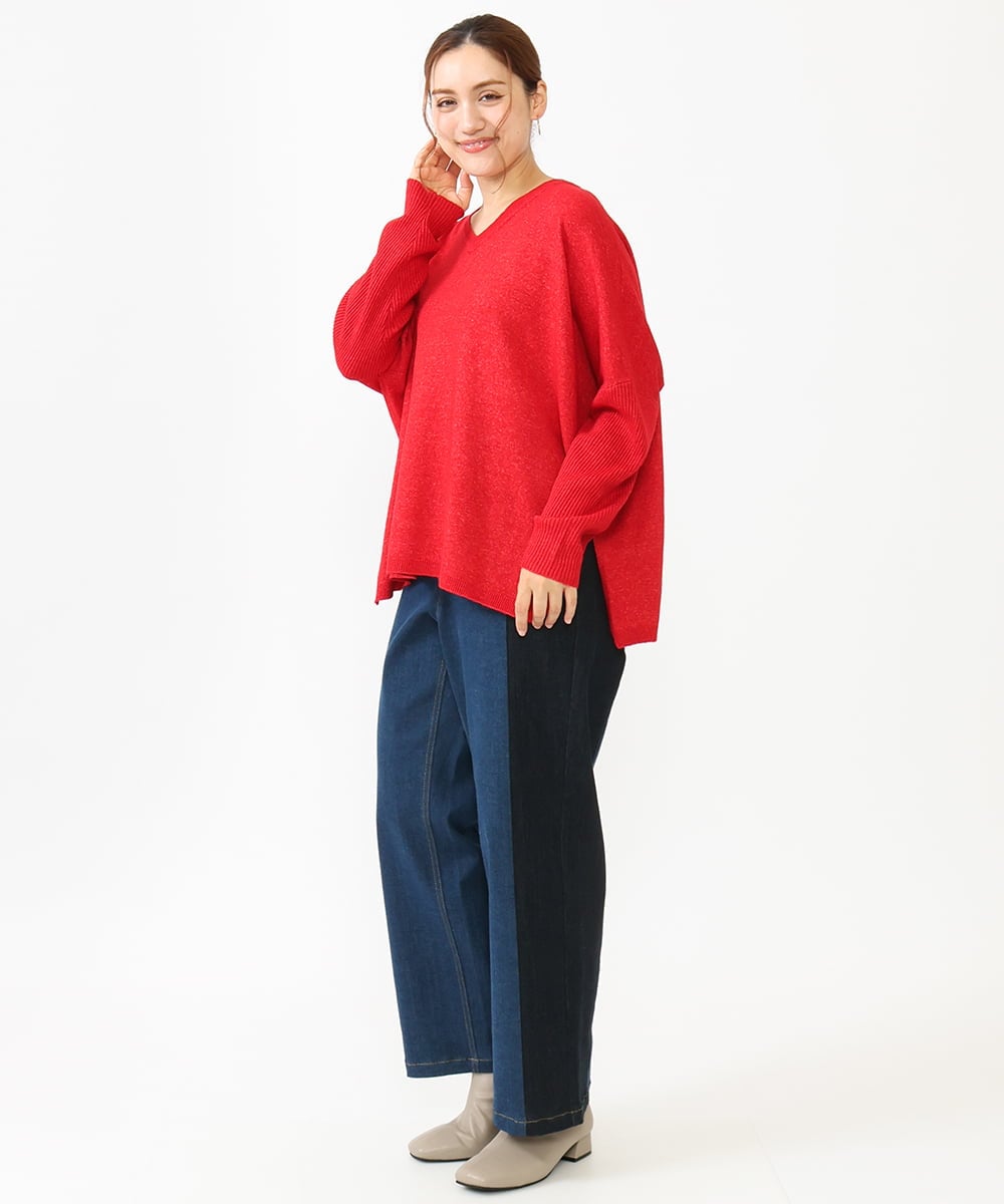 OLLLV07099 eur3(エウルキューブ) 【雑誌掲載】【大きいサイズ】ブロッキングデニムパンツ ブルー(55)